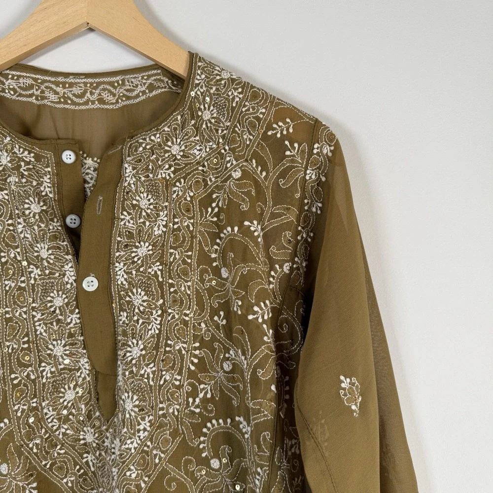 BOHO Semi Sheer Beaded Embroidered Print Pattern Sequin Popover Shirt Top Blouse